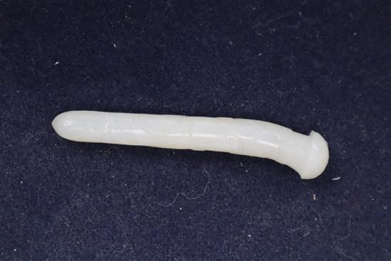 A Chinese inscribed white jade hairpin, 18th century, 6.3cm, reduced in length